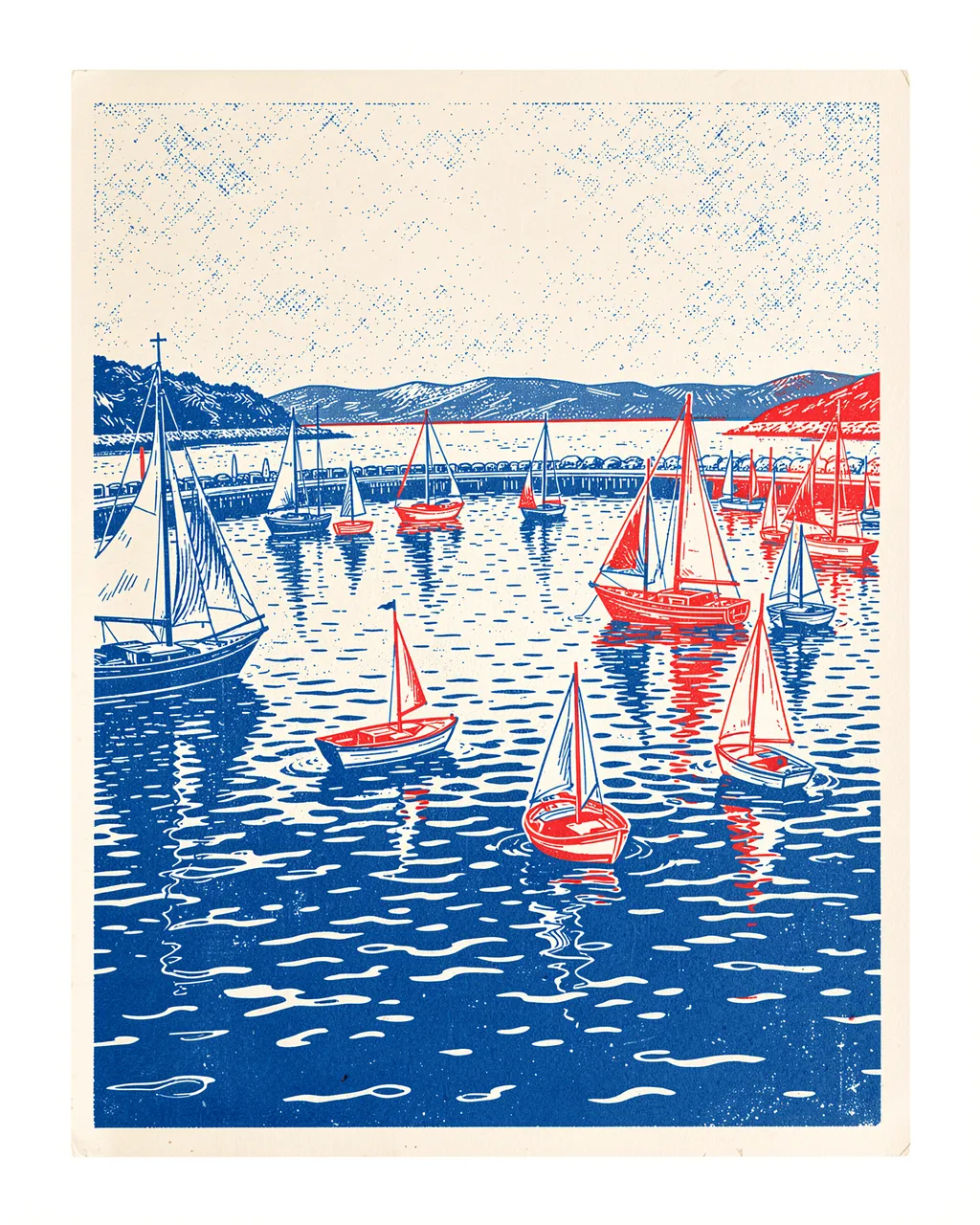 Two-tone blue and red risograph print of small sailboats anchored in a calm coastal harbor