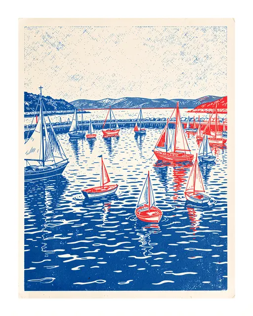 Two-tone blue and red risograph print of small sailboats anchored in a calm coastal harbor