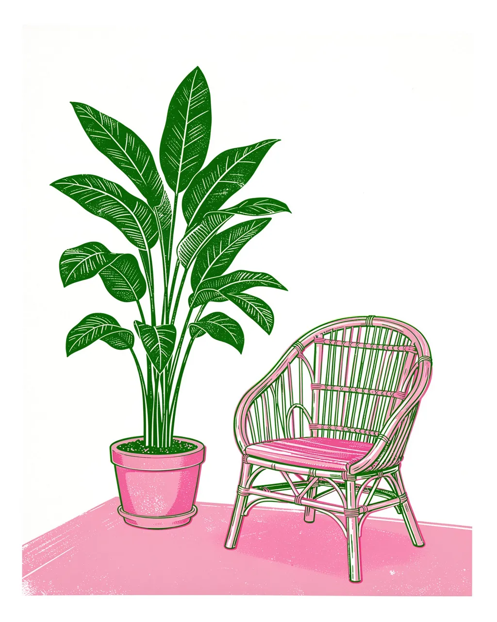 Green potted houseplant and pink rattan chair in a two-tone risograph illustration style