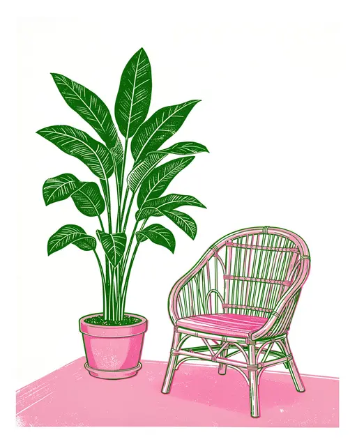 Green potted houseplant and pink rattan chair in a two-tone risograph illustration style