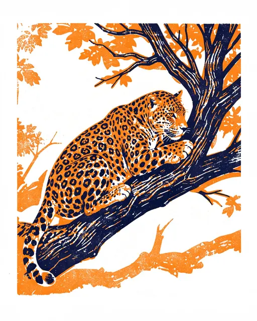 A risograph print of a resting leopard perched on a tree branch in orange and navy ink.
