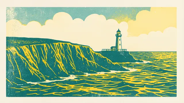 A risograph print of a lighthouse standing atop a coastal cliff beside choppy ocean under rounded clouds