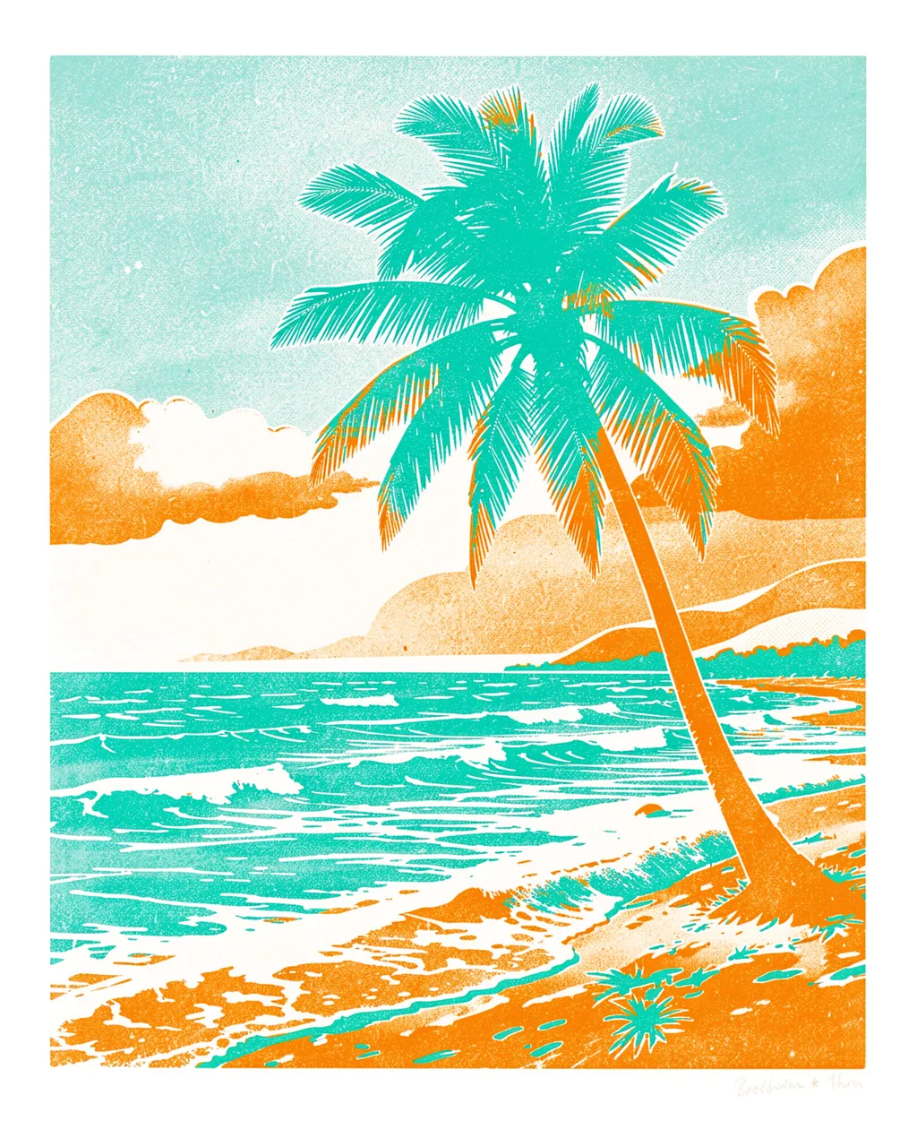 Risograph print of a tropical beach with a leaning lone palm tree, turquoise sea and orange sky clouds