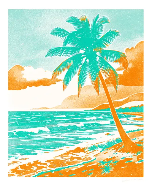 Risograph print of a tropical beach with a leaning lone palm tree, turquoise sea and orange sky clouds
