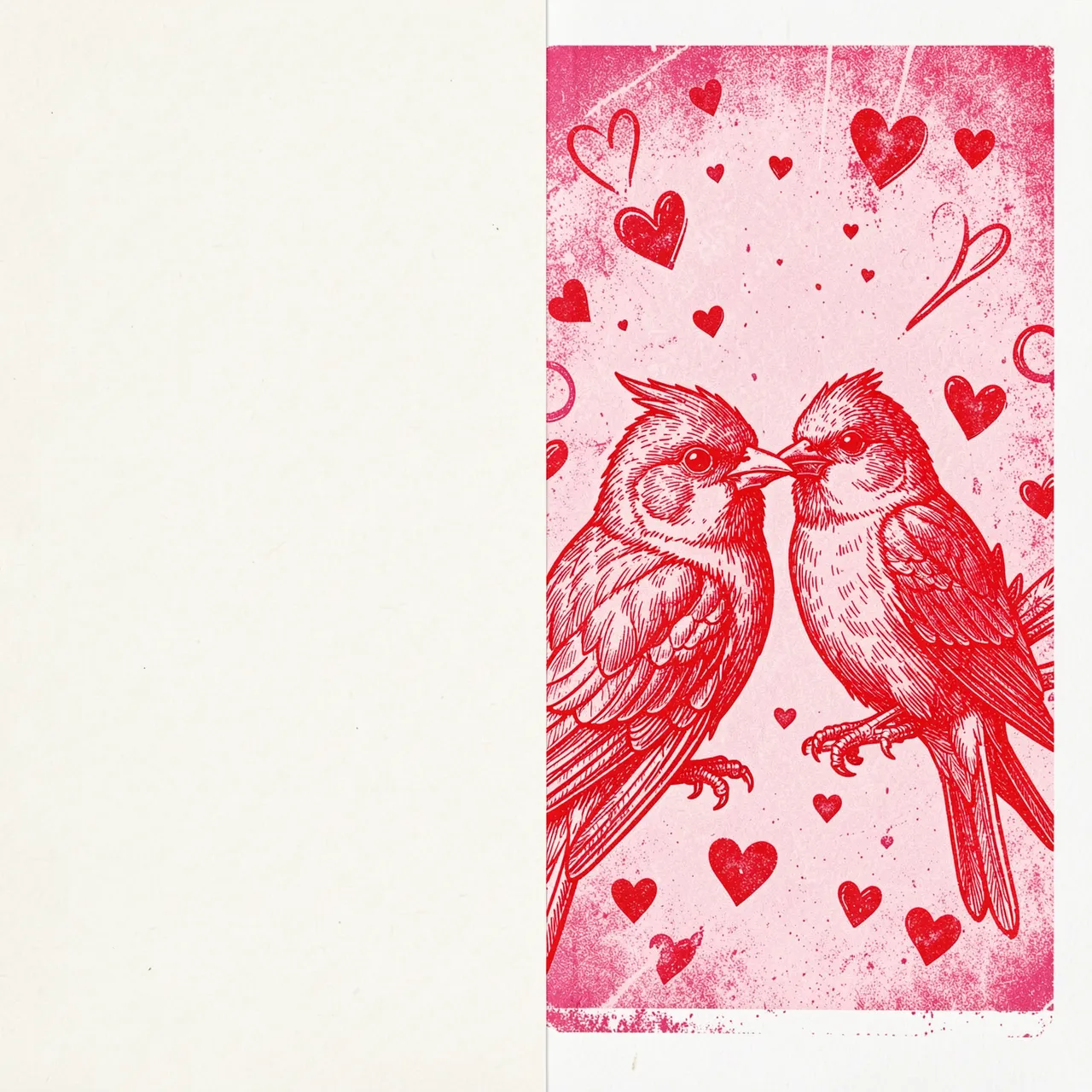 Risograph illustration of two kissing lovebirds with hearts on the right, blank copy space on the left