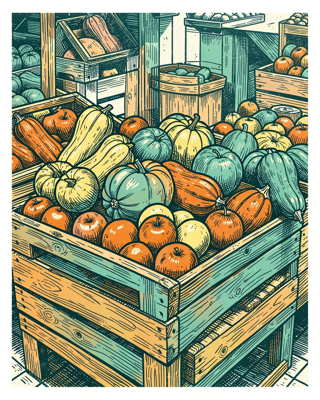 Risograph style illustration of market crates piled with squash, pumpkins and apples in orange and teal ink