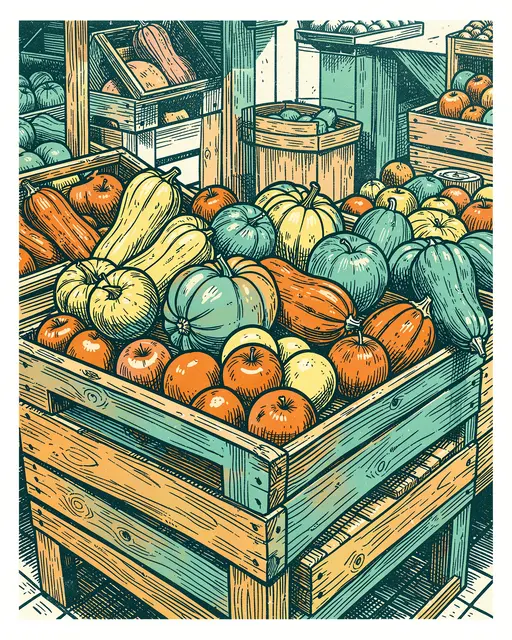 Risograph style illustration of market crates piled with squash, pumpkins and apples in orange and teal ink