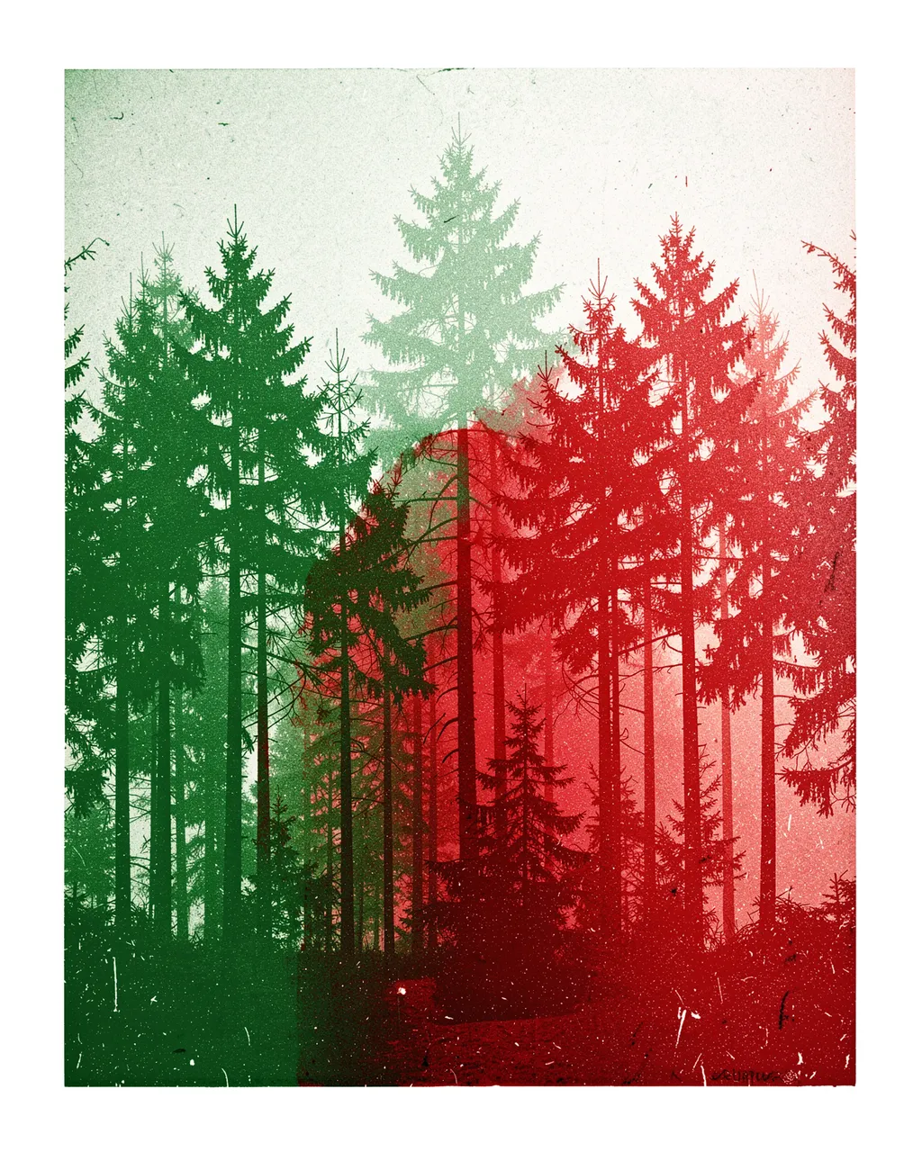 Two-tone green and red overlapping risograph print of a foggy pine forest