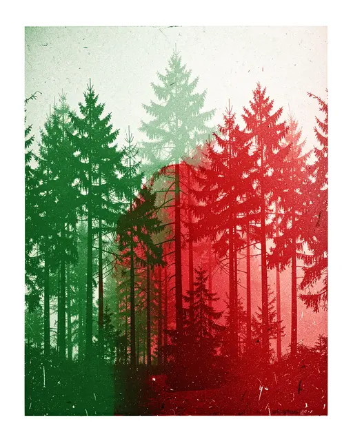 Two-tone green and red overlapping risograph print of a foggy pine forest