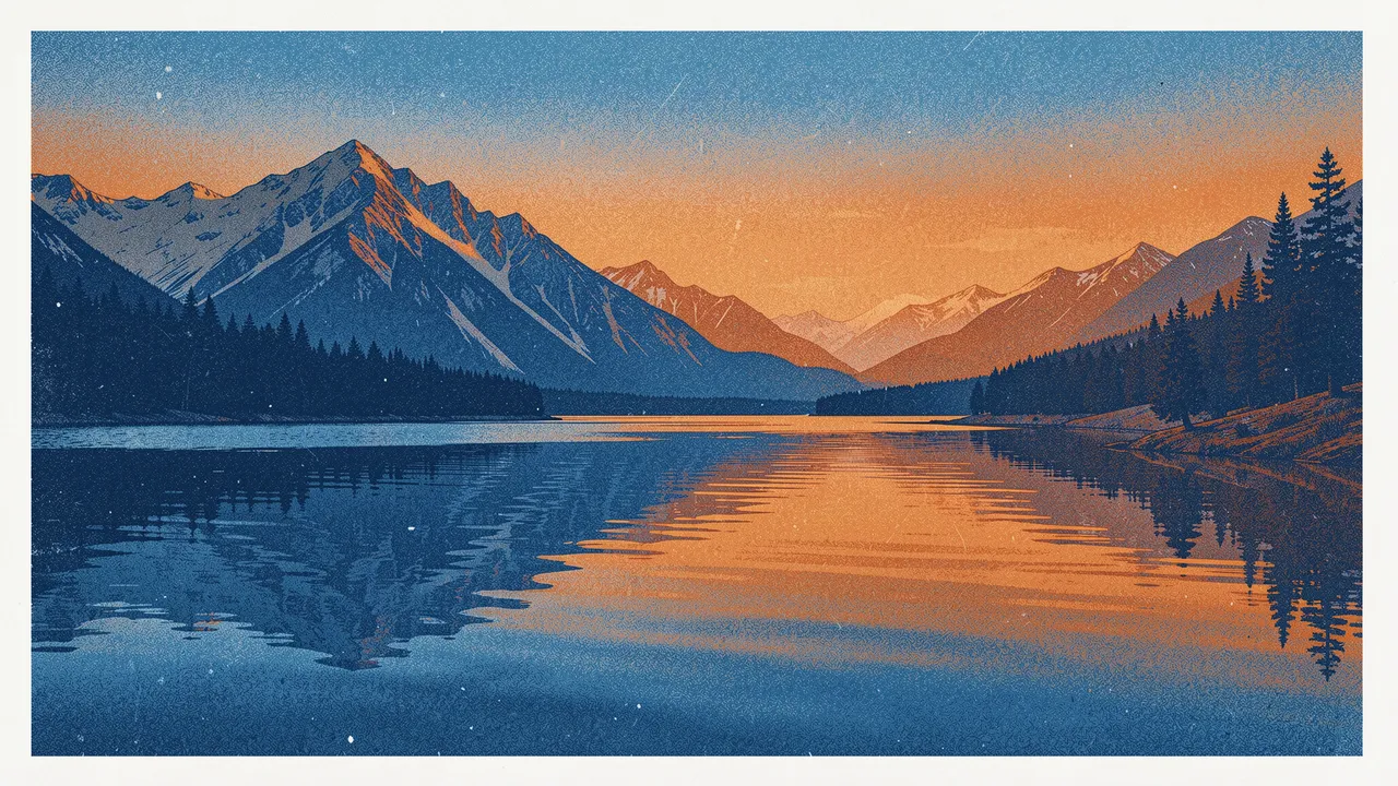Grainy risograph print of a calm mountain lake reflecting snow peaked mountains at orange and blue dawn