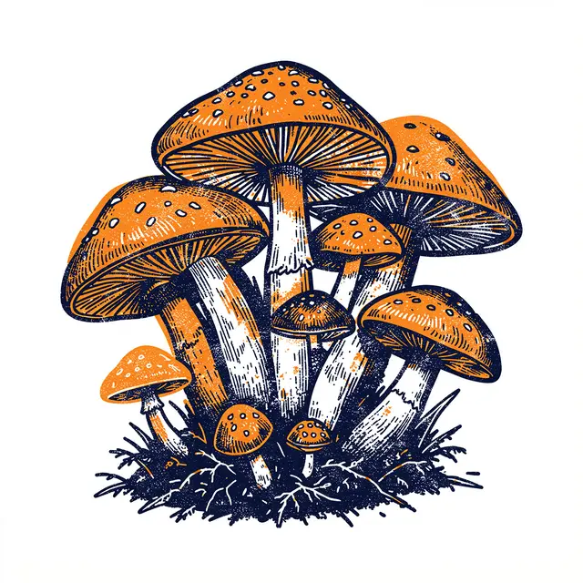 Grainy risograph illustration of spotted forest mushrooms in orange and navy ink on a white background