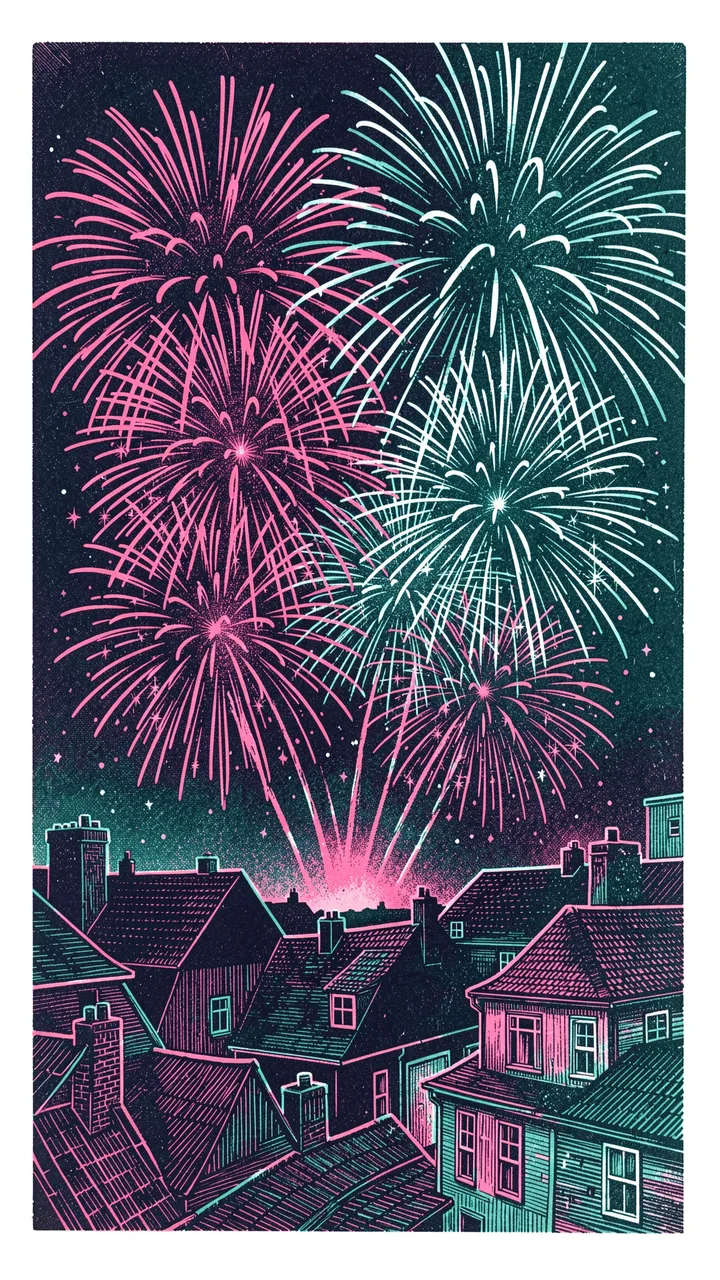 Pink and teal risograph fireworks burst over dark residential rooftops at night