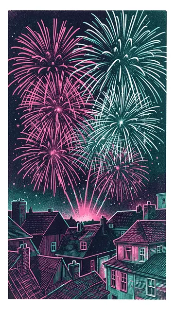 Pink and teal risograph fireworks burst over dark residential rooftops at night