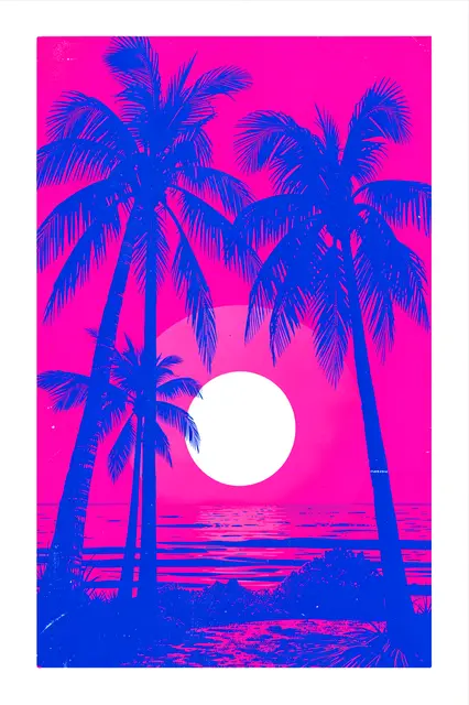 Fluorescent pink risograph print of blue palm trees framing a bright white setting sun over calm ocean water