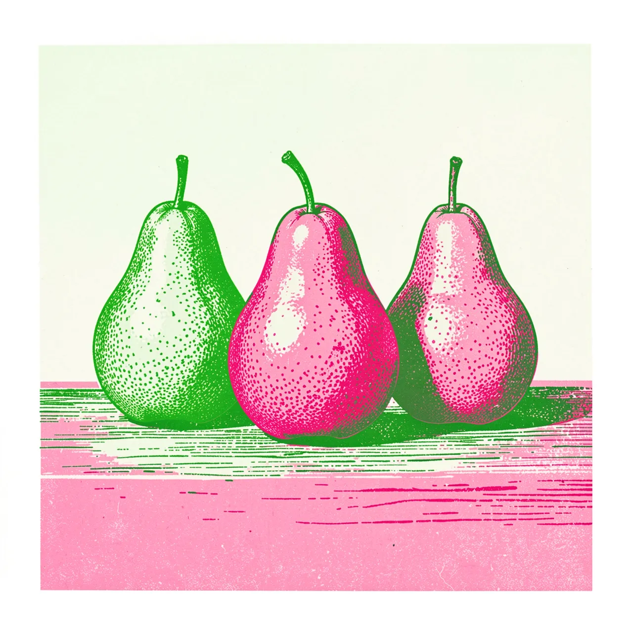 Three stylized pears rest on a table rendered in green and pink risograph print layers