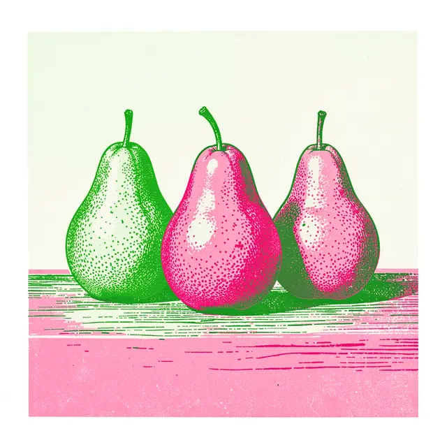 Three stylized pears rest on a table rendered in green and pink risograph print layers