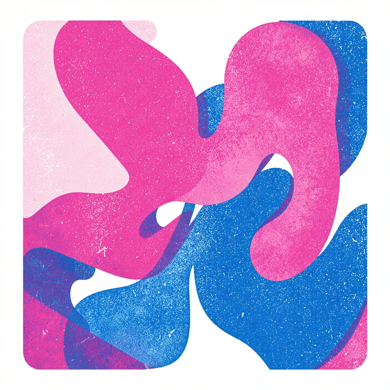 Grainy risograph-style overlapping wavy abstract shapes in pink and blue against a white background
