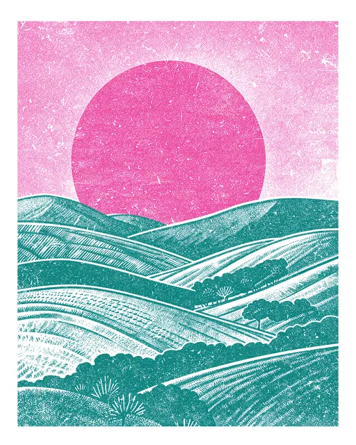 Grainy risograph print of rolling rural hills with a large pink sun against a teal landscape
