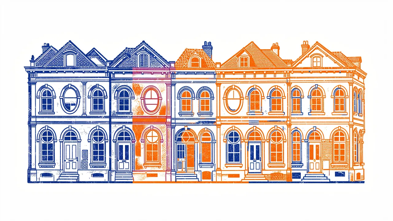 A risograph print of a row of historic townhouses in contrasting blue and orange ink