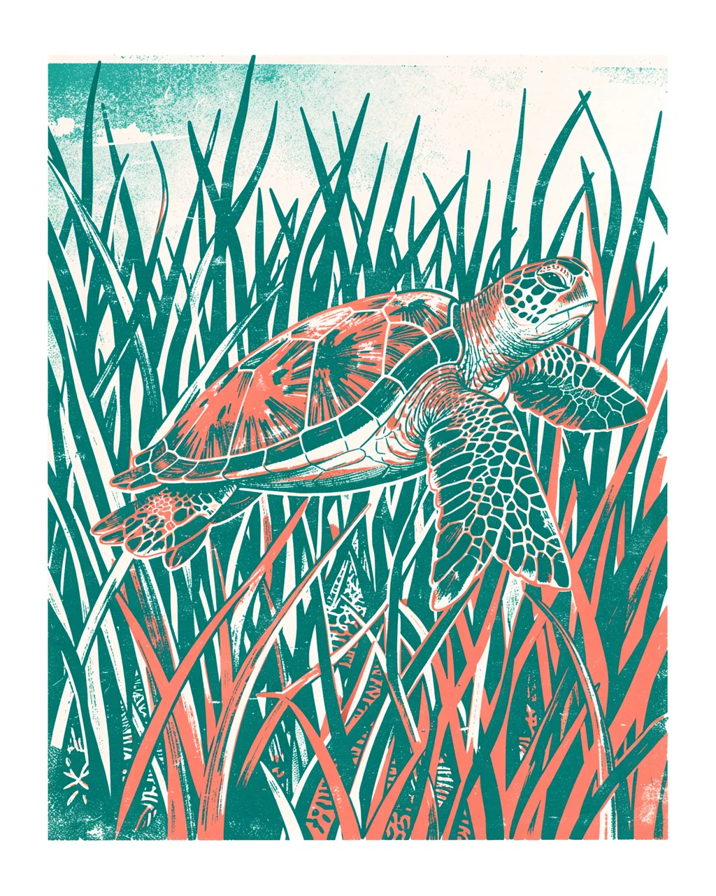 A risograph print of a sea turtle swimming through teal and coral seagrass