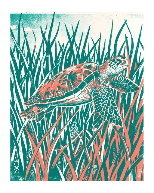 A risograph print of a sea turtle swimming through teal and coral seagrass