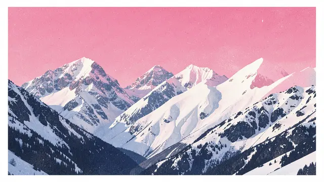 Layered risograph print of snow covered alpine peaks under a soft grainy pink sky