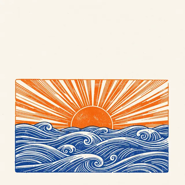 Risograph illustration of a rising orange sun over blue stylized waves with empty cream copy space above