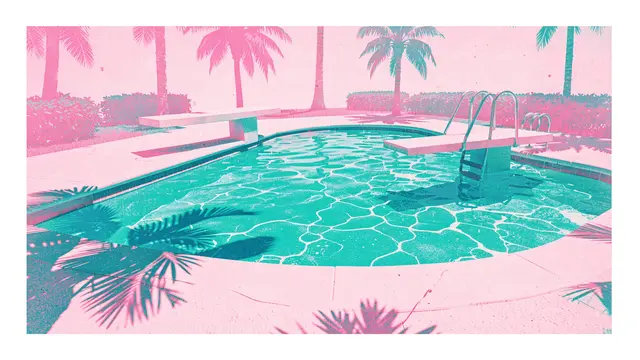A risograph print of a swimming pool with diving boards, palm tree shadows, and matching aqua and pink ink tones