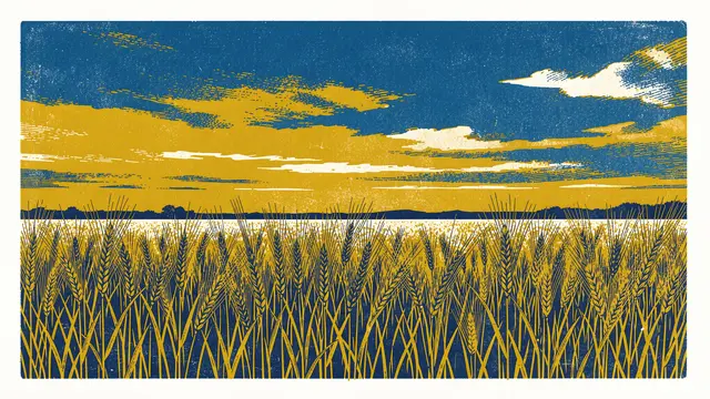 A risograph print of ripe wheat fields beneath a layered mustard and deep blue sky