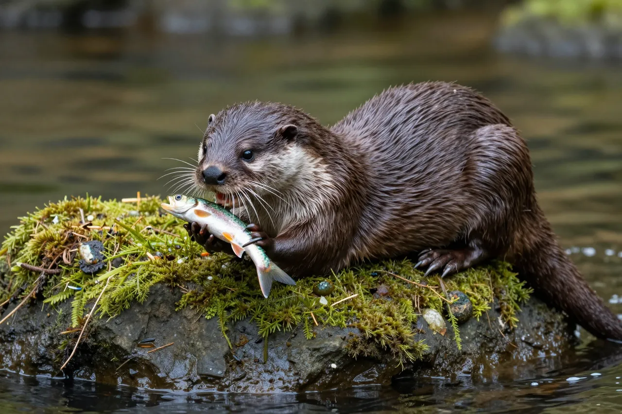 A river otter holds a small fish while resting on a mossy stream rock