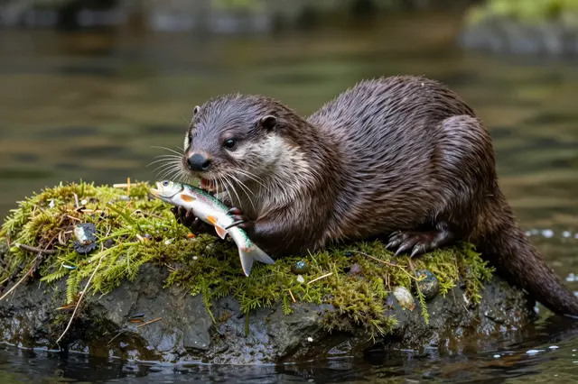 A river otter holds a small fish while resting on a mossy stream rock