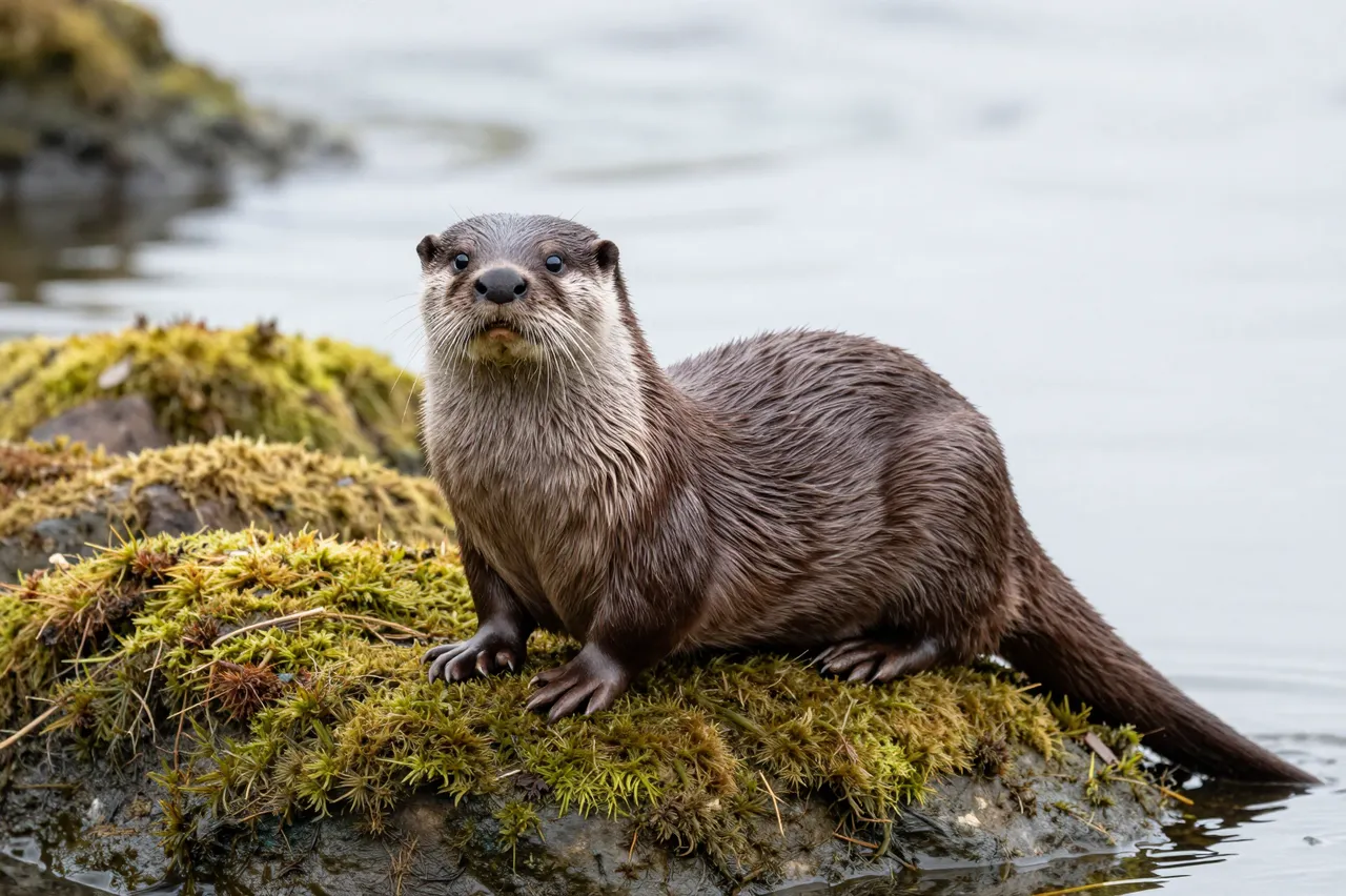 A wet river otter sits alert on a moss-covered river rock beside calm water.