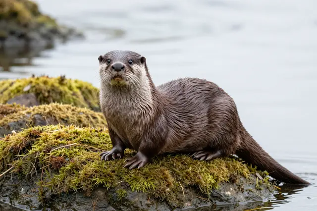 A wet river otter sits alert on a moss-covered river rock beside calm water.