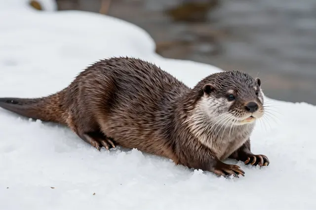 A sleek wet-furred river otter rests on a snowy river bank in winter, facing toward the viewer