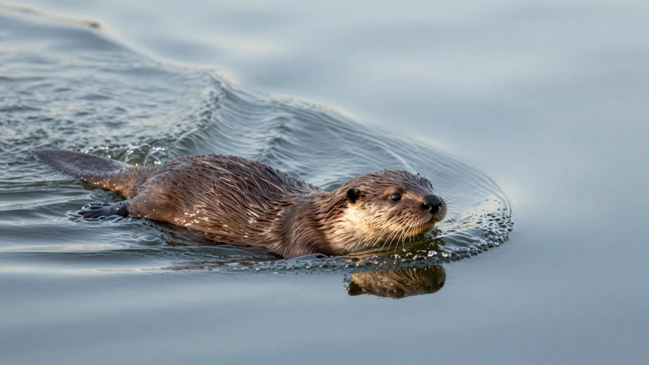 A river otter swims with its head above calm water, leaving a V-shaped wake behind it.