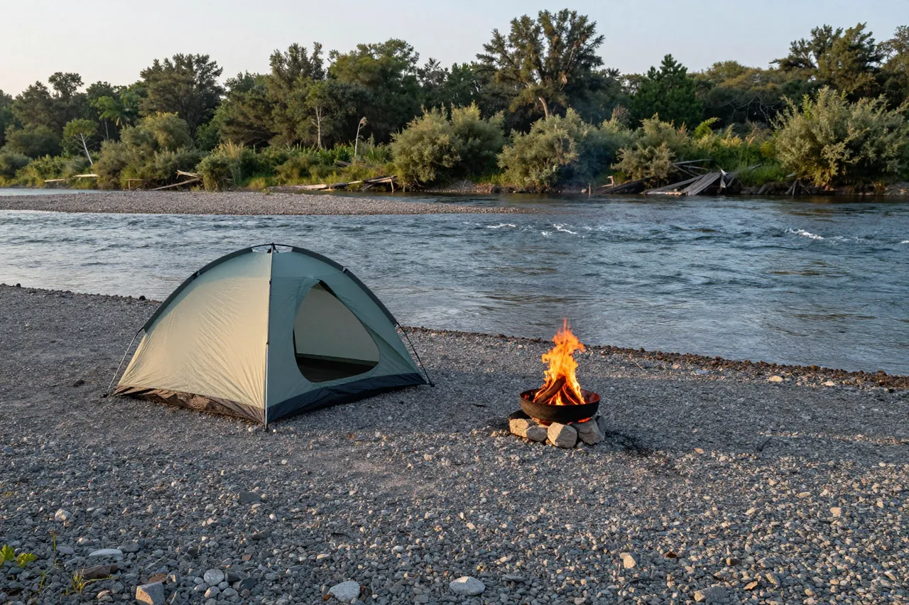 A small tent beside a burning campfire on a gravel river bar at early morning