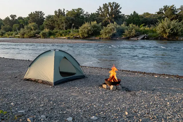 A small tent beside a burning campfire on a gravel river bar at early morning