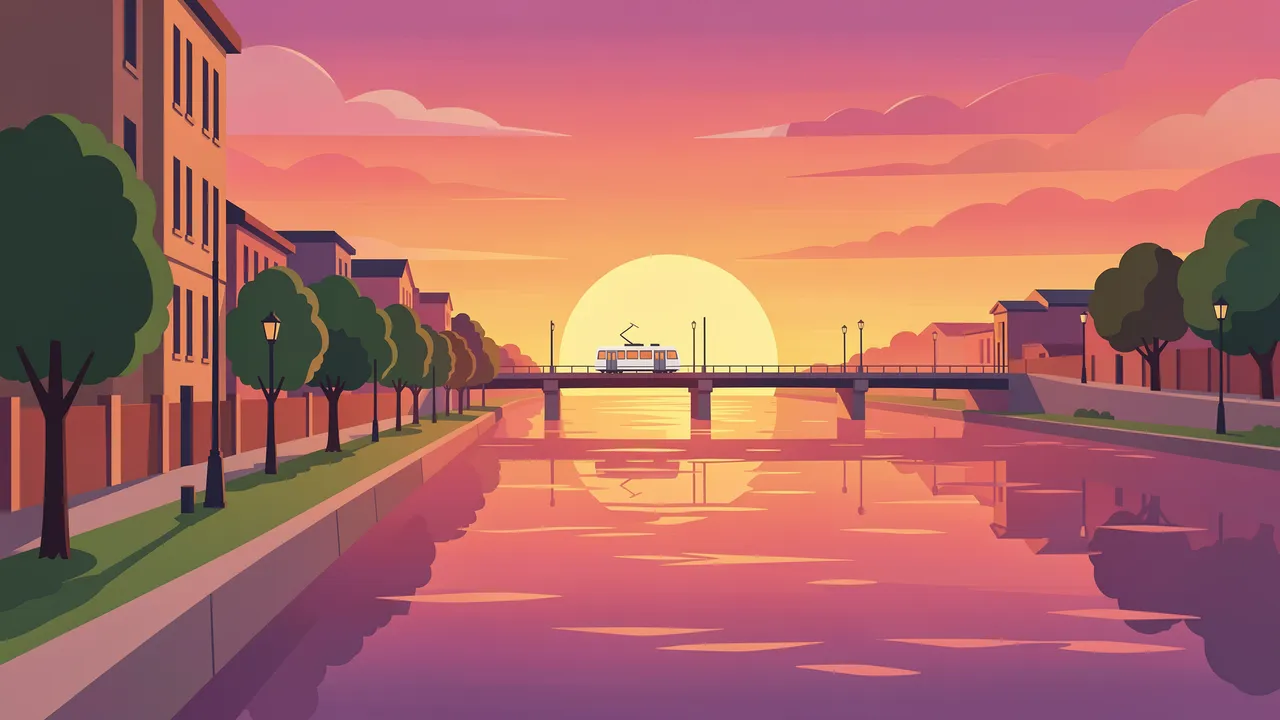 A white tram crosses a bridge over a calm city river during a vibrant sunset