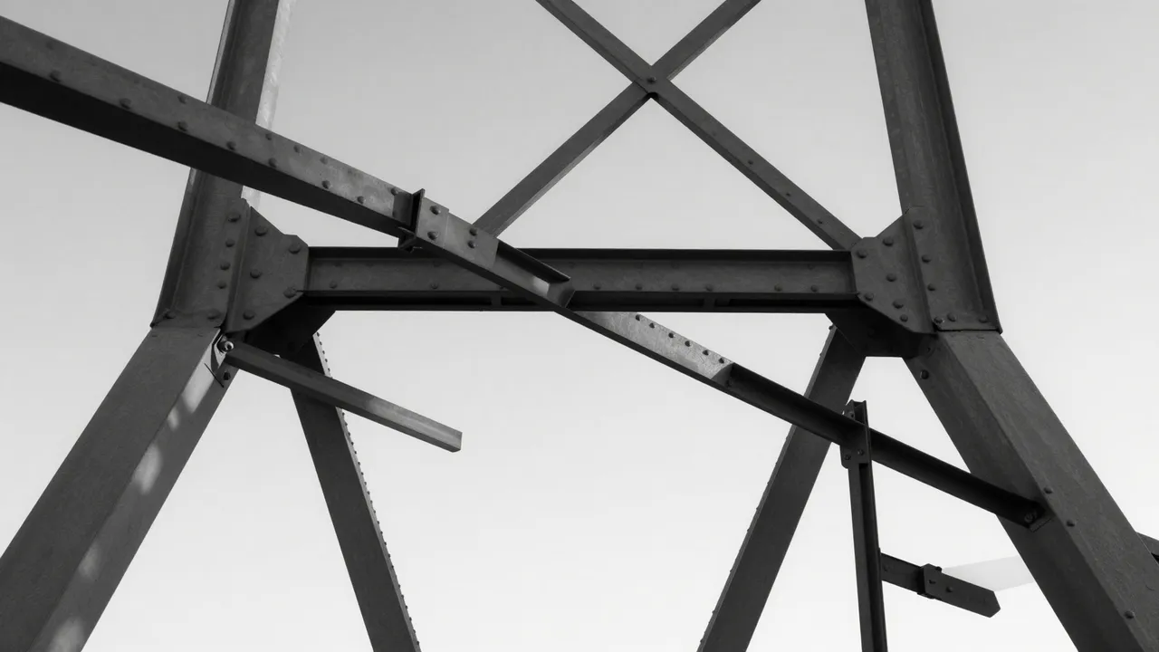 Low angle black and white view of riveted metal bridge girders against a pale overcast sky