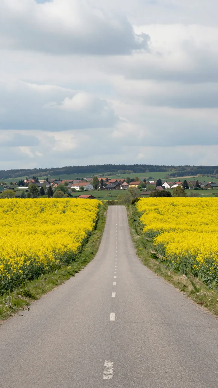 A straight rural road runs between bright yellow canola fields toward a distant hilltop village under cloudy spring skies.