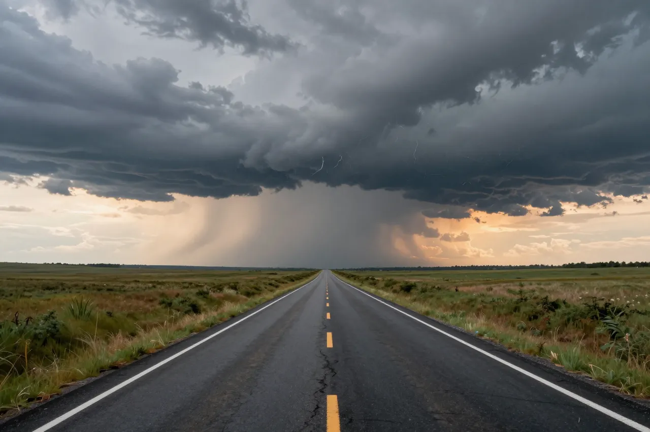 A long straight asphalt road stretches across flat grassland toward a towering thunderstorm at golden sunset