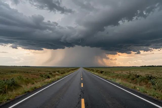 A long straight asphalt road stretches across flat grassland toward a towering thunderstorm at golden sunset