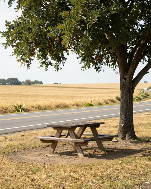 Wooden picnic table sits in shade beneath a lone tree beside a quiet highway and golden farmland
