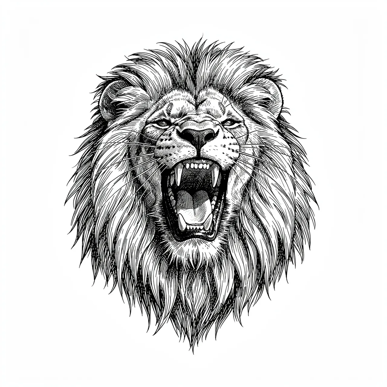 A detailed pen and ink cross-hatch drawing of a roaring male lion head on a plain white background