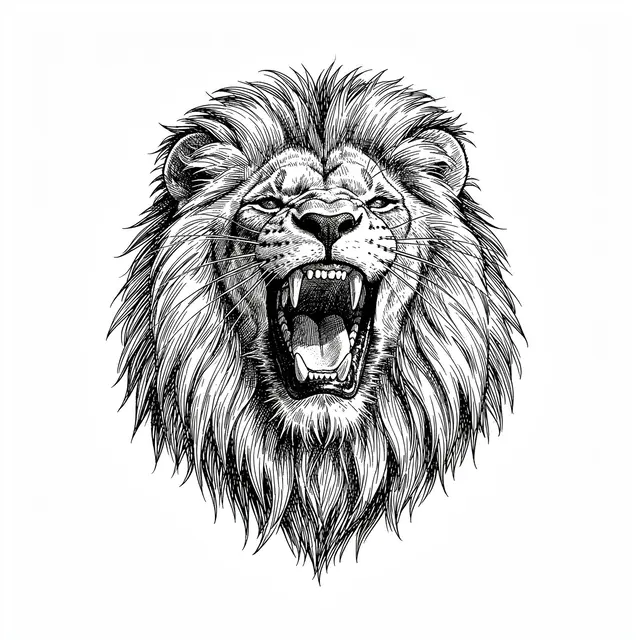 A detailed pen and ink cross-hatch drawing of a roaring male lion head on a plain white background