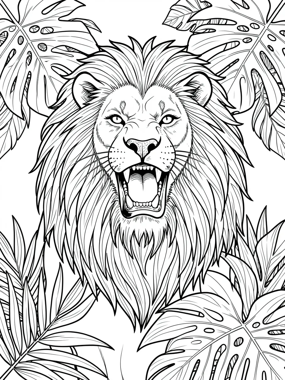 Intricate black and white line art of a roaring lion framed by tropical jungle leaves for a coloring page