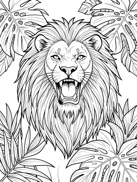 Intricate black and white line art of a roaring lion framed by tropical jungle leaves for a coloring page