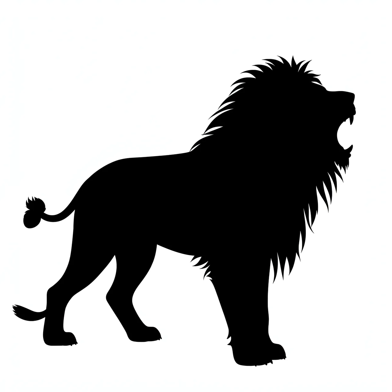 Solid black silhouette of a roaring maned lion on a plain white background