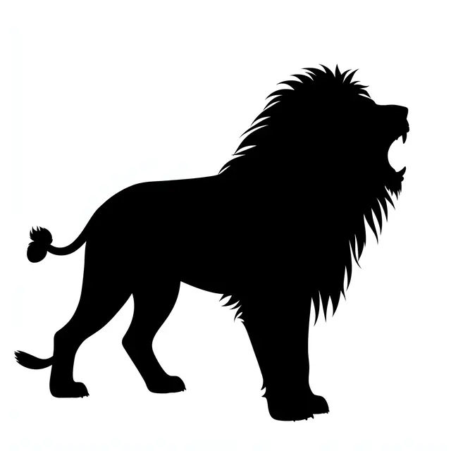 Solid black silhouette of a roaring maned lion on a plain white background