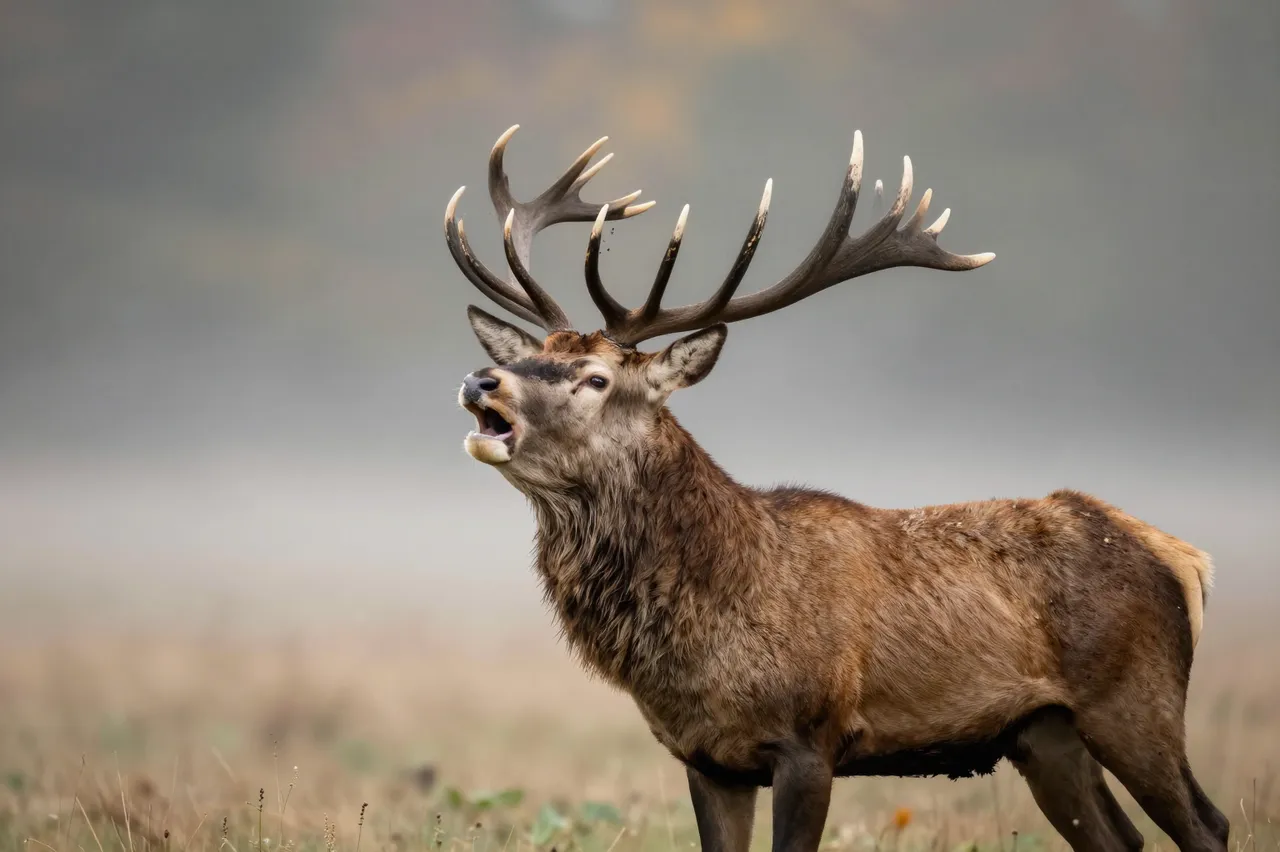 A red deer stag with large antlers roars while standing in misty autumn grassland